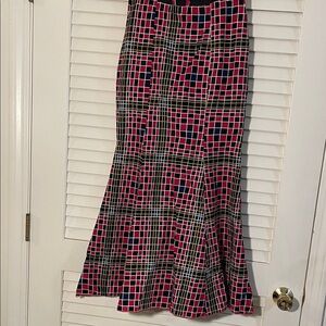 Elegant Plaid Maxi Mermaid Skirt Abstract Red, Black, White, Royal Blue and Gold